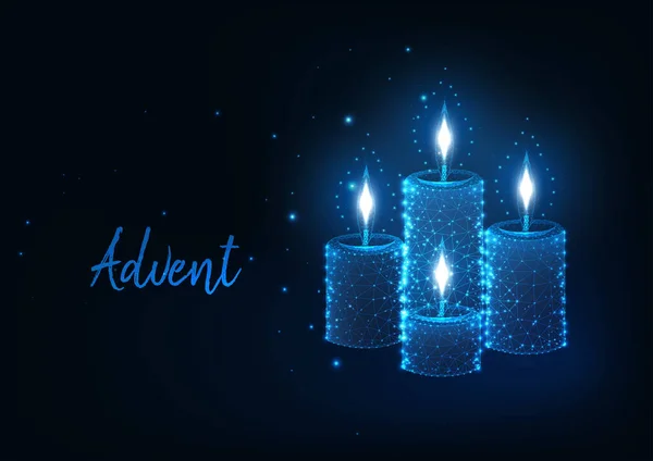Conceito futurista do Advento de Natal com velas brilhantes e poligonais acesas com luzes . — Vetor de Stock