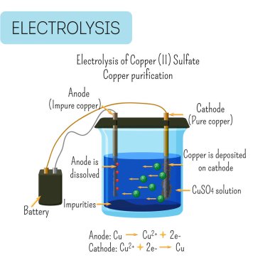 Electrolysis of copper sulfate solution with impure copper anode and pure copper cathode. clipart