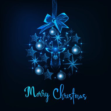 Yıldızlardan, geyik kafasından, oyuncaklarından ve kurdelesinden yapılmış mücevherlerle dolu Noel tebrik kartı..