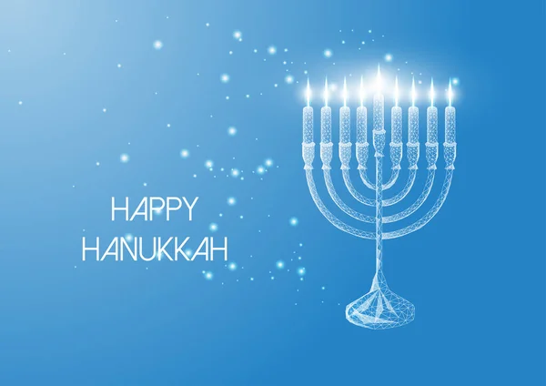 Tarjeta de felicitación feliz Hanukkah con resplandeciente baja menorah poli y velas encendidas sobre fondo azul . — Archivo Imágenes Vectoriales