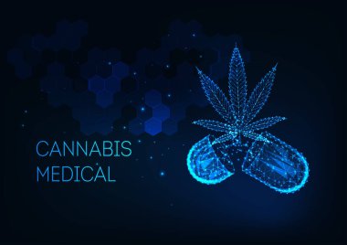 Parlayan düşük miktarda marihuana yaprağı ve kapsül hapı içeren gelecekteki tıbbi esrar tedavisi kavramı