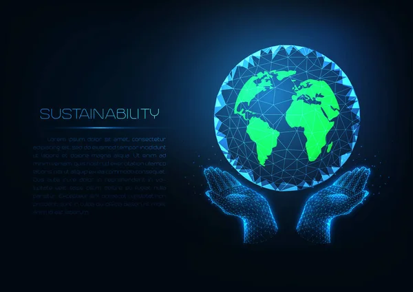 Tecnología de sostenibilidad futurista con brillantes manos humanas de poli bajo sosteniendo el planeta verde Tierra — Vector de stock