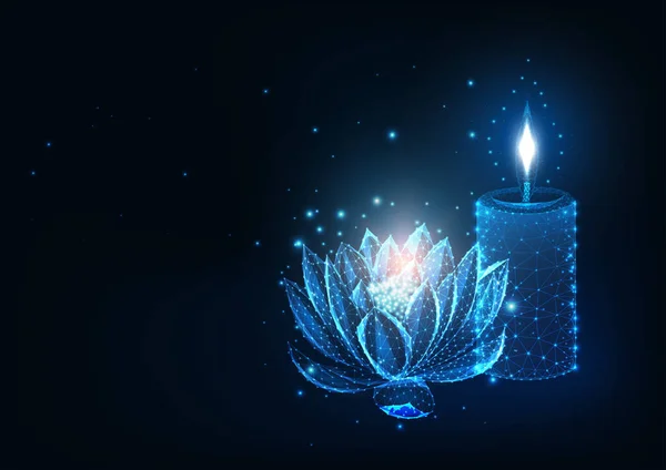 未来派的温泉，用发光的低多边形莲花和燃烧的蜡烛放松的概念 — 图库矢量图片