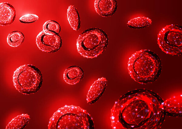 Futuristic glowing low polygonal red blood cells erythrocytes bloodstream on dark red background.