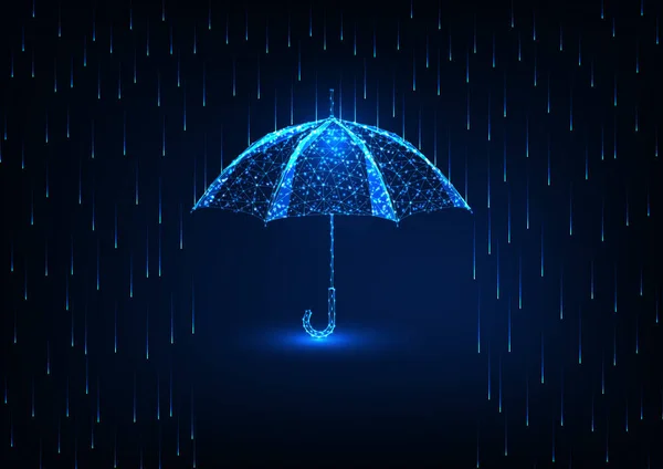 Futuristická koncepce ochrany se zářivým nízkým poly deštníkem a dešťovou sprchou na tmavomodrém pozadí. — Stockový vektor