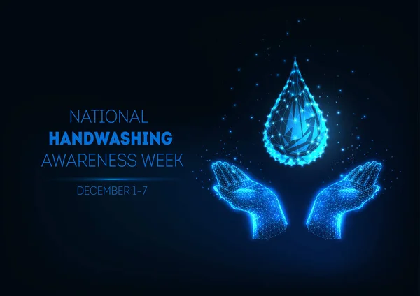 Футуристичний національний банер для миття рук з блискучою низькою багатокутною водою та людськими руками . — стоковий вектор