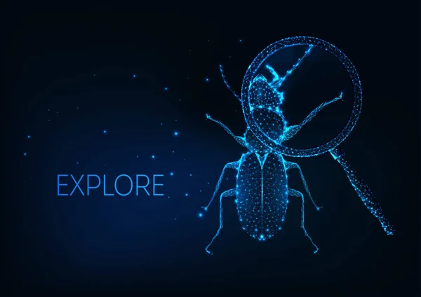 Futuristic Science proyecto de exploración, concepto de curiosidad con insecto bajo lupa — Vector de stock