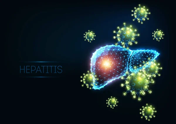 Futuristic hepatitis infectious disease concept with glowing low polygonal human liver with virus cells — ストックベクタ