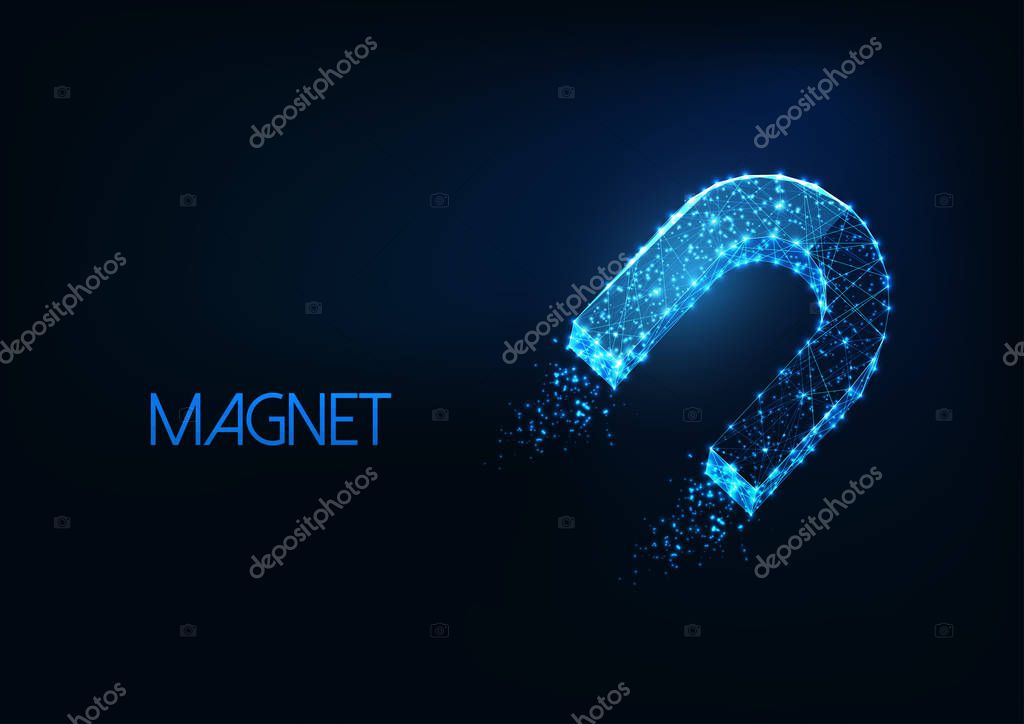Futuristic glowing low polygonal horseshoe magnet symbol made of lines, dots, light particles isolated on dark blue background. Force, power, attraction concept. Modern wire frame mesh design vector.