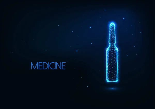 Futuristic medical treatment concept with glowing low poly glass ampoule with liquid medications — ストックベクタ