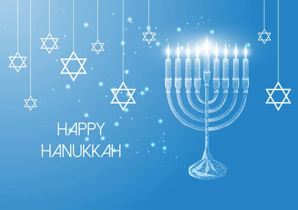 Glad Hanukkah gratulationskort med glödande låg poly menorah och brinnande ljus på blå bakgrund. — Stock vektor