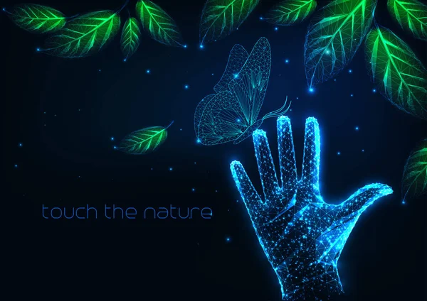 Φουτουριστικοί άνθρωποι έννοια σύνδεση της φύσης με το νυχτερινό τοπίο με φύλλα, πεταλούδα, ανθρώπινο χέρι — Διανυσματικό Αρχείο