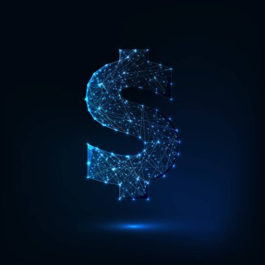 Koyu mavi arka planda izole edilmiş, parlak, düşük çokgen dolar işareti.