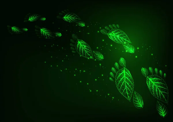 Concepto de huella ecológica futurista con brillante huella de pie humano de poli bajo hecha de hojas — Vector de stock