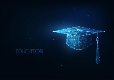 Koyu mavi arka planda parıldayan düşük çokgen mezuniyet şapkası olan gelecekçi eğitim kavramı.