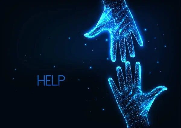 Futuristische hulp, assistentie concept met twee gloeiende lage polygonale menselijke handen die elkaar bereiken — Stockvector
