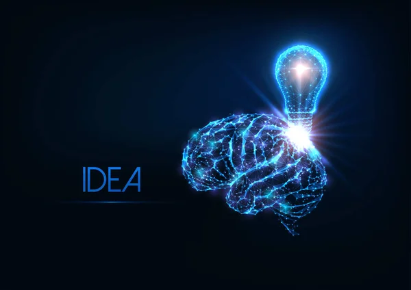 Φουτουριστικό λαμπερό χαμηλή πολυγωνική ιδέα, ιδέα brainstorm με ανθρώπινο εγκέφαλο και ηλεκτρικό λαμπτήρα — Διανυσματικό Αρχείο