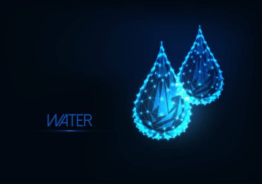 Geleceği parlak düşük çokgen su damlaları koyu mavi arkaplanda izole edilmiş..