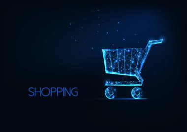 Koyu mavi arka planda parlayan düşük çokgen alışveriş arabası ile gelecekçi online alışveriş kavramı.