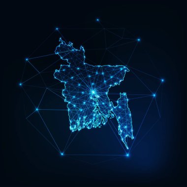 Bangladeş haritası yıldız çizgilerinden oluşan parıltılı siluet ana hatları üçgenler, düşük çokgen şekiller.