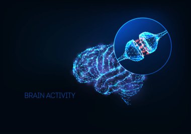 Futuristic brain activity concept with glowing low polygonal human brain and neuron synapses clipart