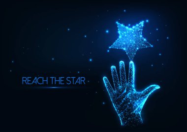 Parlayan düşük çokgen insan elinin yıldıza ulaştığı gelecekçi hayal konsepti