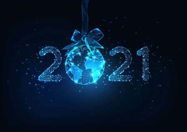 Feliz Ano Novo banner web digital com número futurista 2021 e globo da Terra pendurado no arco de fita — Vetor de Stock