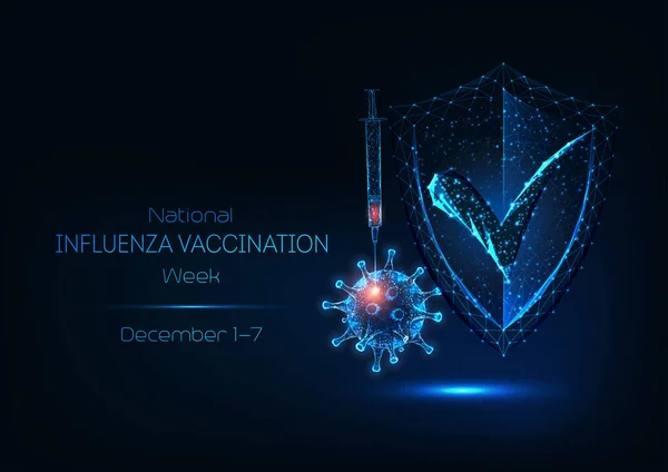 未来的全国流感疫苗接种周，带有发光低的多流感病毒细胞、注射器、盾牌. — 图库矢量图片