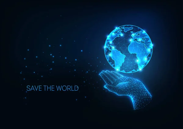 Ambiente Futurista conceito de proteção global com brilho poligloboso mão humana segurando planeta Terra — Vetor de Stock