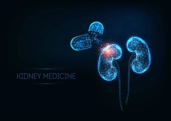 Conceito de medicina renal futurista com rins humanos poligonais baixos brilhantes e pílulas de cápsula — Vetor de Stock