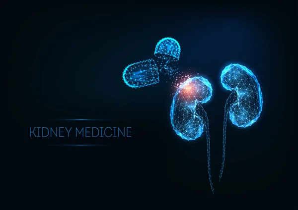 Futuristic kidneys medicine concept with glowing low polygonal human kidneys and capsule pills — Stock Vector