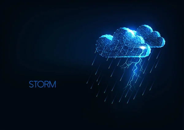 輝く多角形の雲、雷と雨のシャワーと未来的な豪雨の概念. — ストックベクタ
