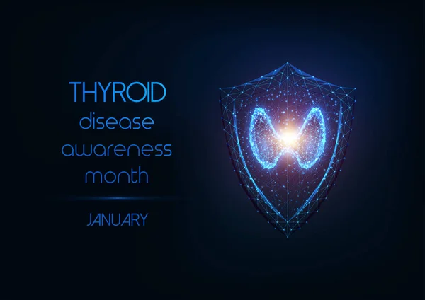 Знамя месяца осведомленности о тиреоидных заболеваниях с щитовидной железой и щитом защиты на темно-синем . — стоковый вектор