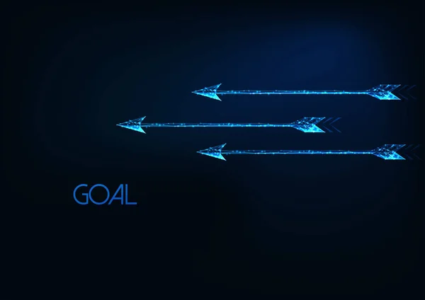 Μελλοντική ιδέα του στόχου με τρία λαμπερά χαμηλά πολυγωνικά κινούμενα βέλη που απομονώνονται σε σκούρο μπλε. — Διανυσματικό Αρχείο