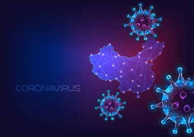 Coronavirus hücreleri Çin haritasına karşı koyu mavi ve mor arkaplan üzerinde.