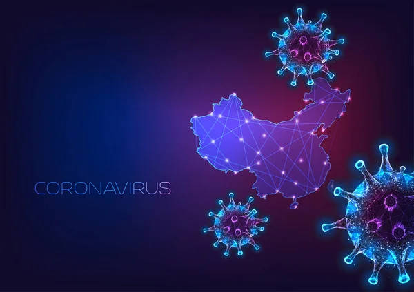 Coronavirus-Zellen gegen Porzellankarte auf dunkelblauem bis violettem Hintergrund. — Stockvektor