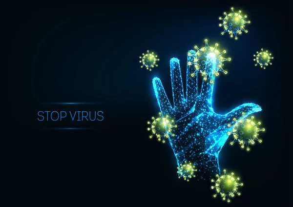 Bannière Web futuriste de virus d'arrêt avec des cellules virales polygonales basses lumineuses et levé la main humaine — Image vectorielle