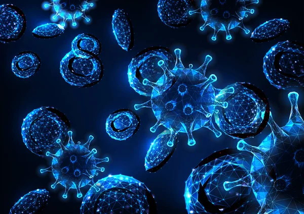 Konsep infeksi virus Futuristik dengan sel virus poligonal rendah yang bersinar dan sel darah merah - Stok Vektor