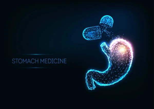 Futurisztikus gyomorgyógyászat koncepció izzó alacsony poligonális emberi gyomor és kapszula tabletták — Stock Vector