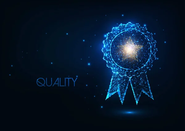 Futuristic best quality award badge concept with glowing low polygonal winner medal and golden star — 스톡 벡터