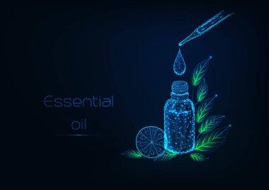 Pipet, şişe, yağ damlası, bitkisel yapraklar, limon içeren gelecekteki temel yağlar terapi kavramı
