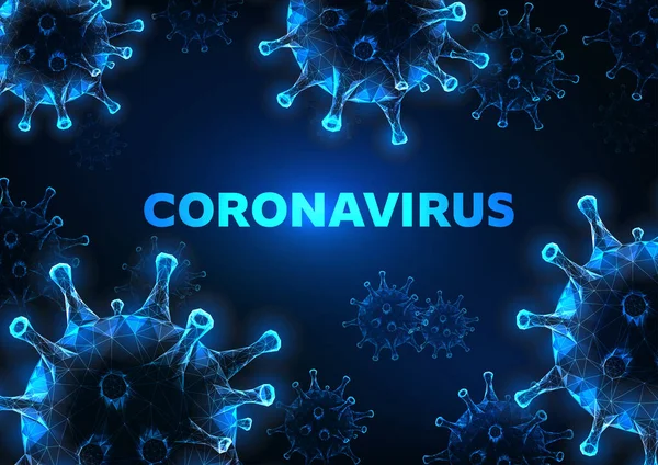 Futuristic glowing low polygonal coronavirus cells banner on dark blue background. — 图库矢量图片