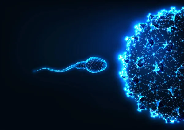 Concetto di fecondazione futuristica con spermatozoi poligonali bassi e cellule uovo incandescenti — Vettoriale Stock