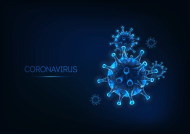 Fütürist Coronavirus web pankart şablonu koyu mavi üzerinde parlayan düşük çokgen virüs hücresi