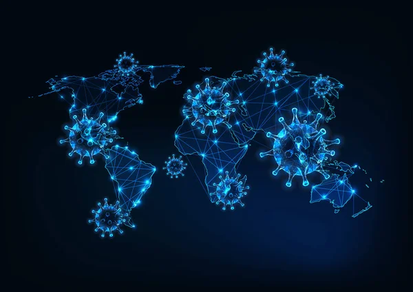 Pandemia de coronavirus futuristas en el mundo con células virales poligonales bajas brillantes y mapa mundial — Archivo Imágenes Vectoriales