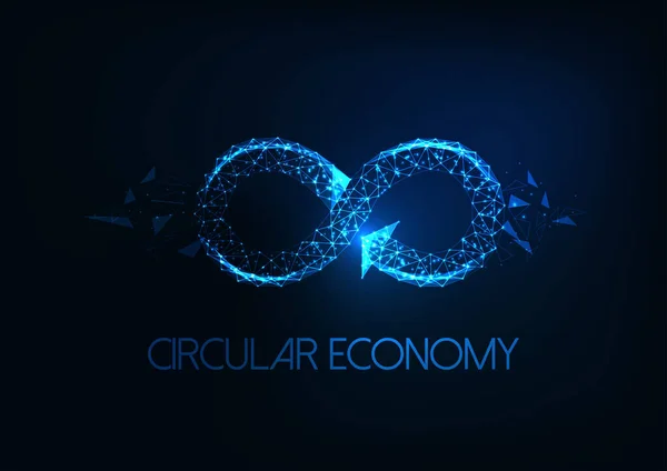 Futuristický kruhový ekonomický koncept se zářivou nízkou mnohoúhelníkovou značkou nekonečna izolovanou na tmavě modré — Stockový vektor