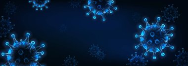 Fütürist Coronavirus web pankart şablonu koyu mavi arka planda parlayan düşük poli virüs hücresi.