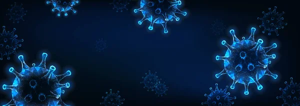 미래 지향성 코로나 바이러스 웹 배너, 어두운 푸른 배경에 낮은 폴리 바이러스 세포가 빛나고 있다.. — 스톡 벡터