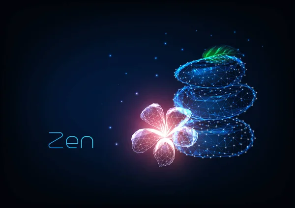 Futuristic zen concept with glowing low polygonal balancing stones, pink plumeria flower — Stock Vector
