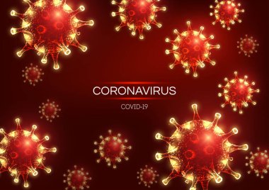 Kırmızı arkaplanda gelecekçi Coronavirus 2019-ncov, Covid-19 web pankartı şablonu.